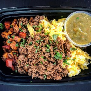 Turkey Chorizo Breakfast Bowl | Scrambled Egg | Onion | Bell Peppers | Sweet Potato | Roasted Tomato & Tomatillo Salsa