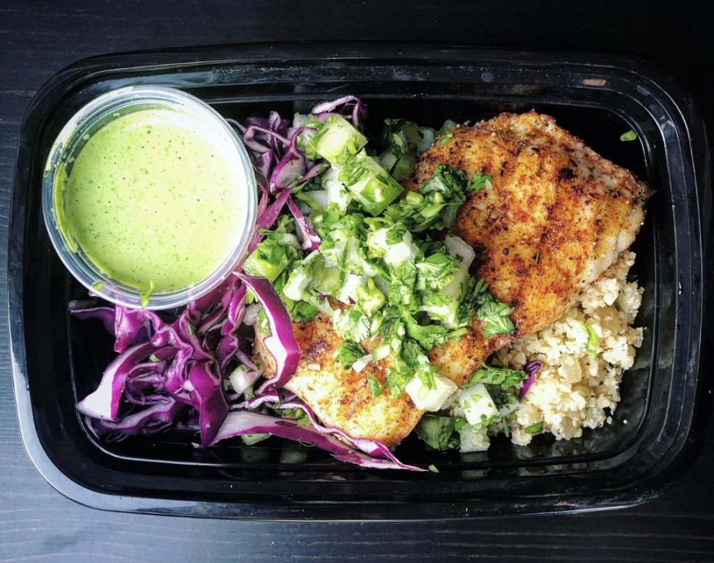 Cajun Grilled Catfish Cauliflower Rice Red Cabbage Green Tomato