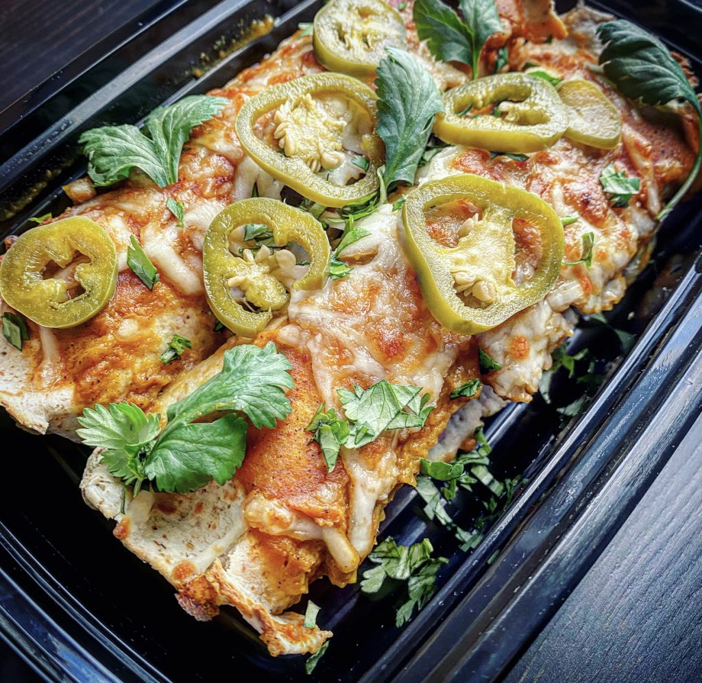 Chicken Enchiladas Butternut Red Sauce Cumin Pickled Jalapeno