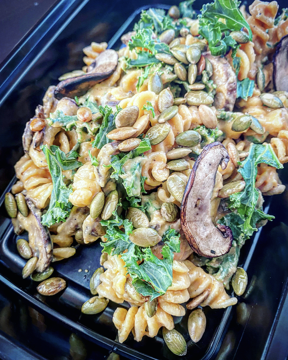 Chickpea Rotini Kale Mushrooms Sweet Potato Cream Sauce Pepitas