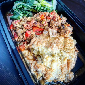 Turkey Sausage Ragout | Spoonbread | Braised Bok Choy