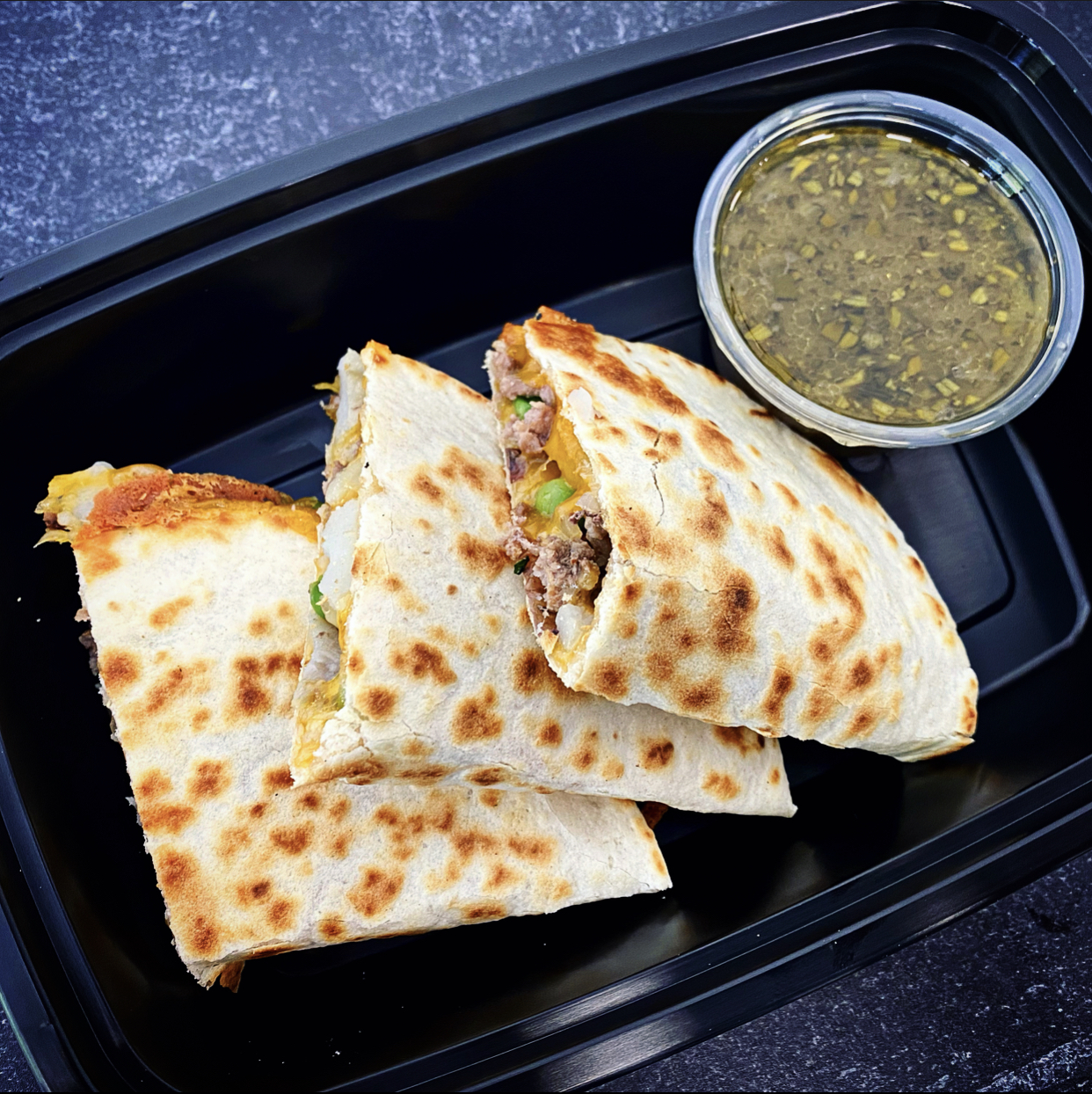 Shepherd's Pie Quesadilla | Beef | Peas | Carrots | Mashed Potato | Cheddar | Herb Gravy