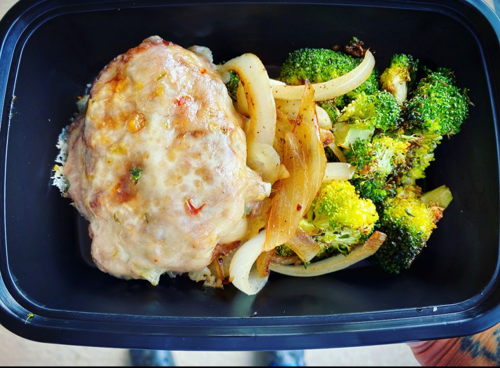 Turkey Kale Burger Roasted Broccoli Sauteed Onions Pepperjack Ready Set Prep'd