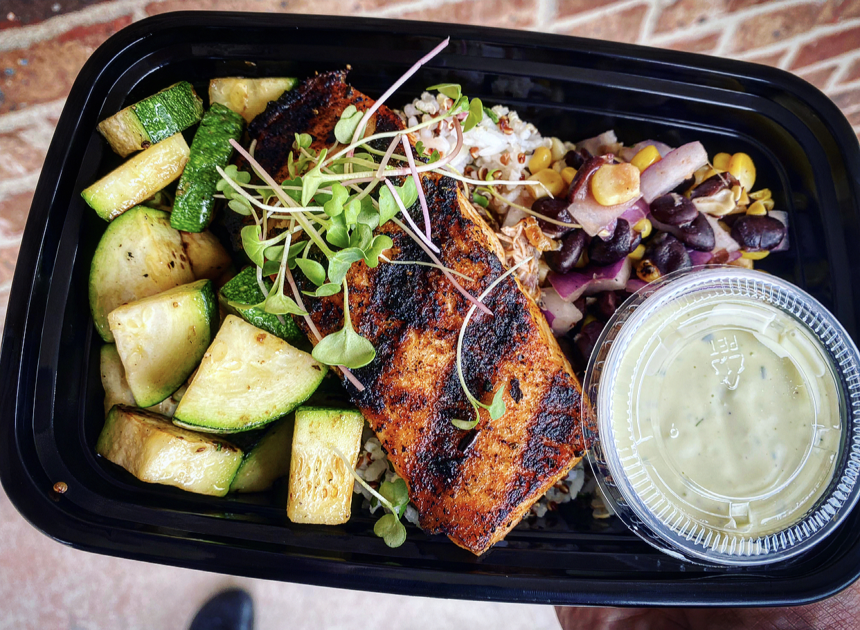 Blackened Salmon | Cilantro Lime Quinoa Rice | Zucchini | Black Bean Salad | Jalapeno Ranch