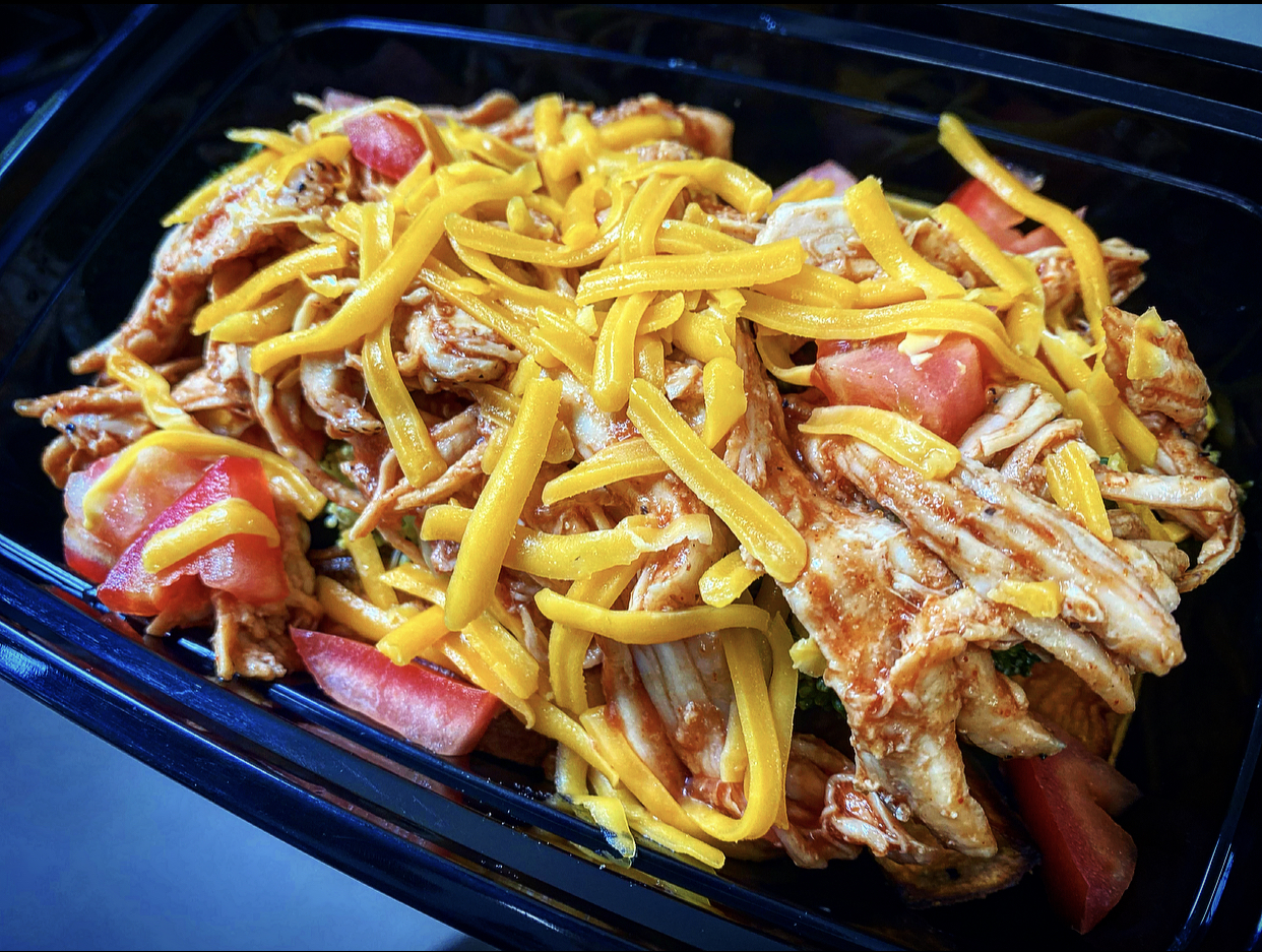 Shredded BBQ Chicken w/ Sweet Potato, Broccoli, Tomato & Cheddar