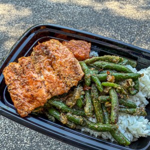 Grilled Salmon w/ Steamed Rice & Szechuan Green Beans